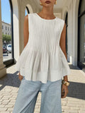 Fashion Heavy-duty Pleated Design Round Neck Sleeveless Shirt Vest Top for Women